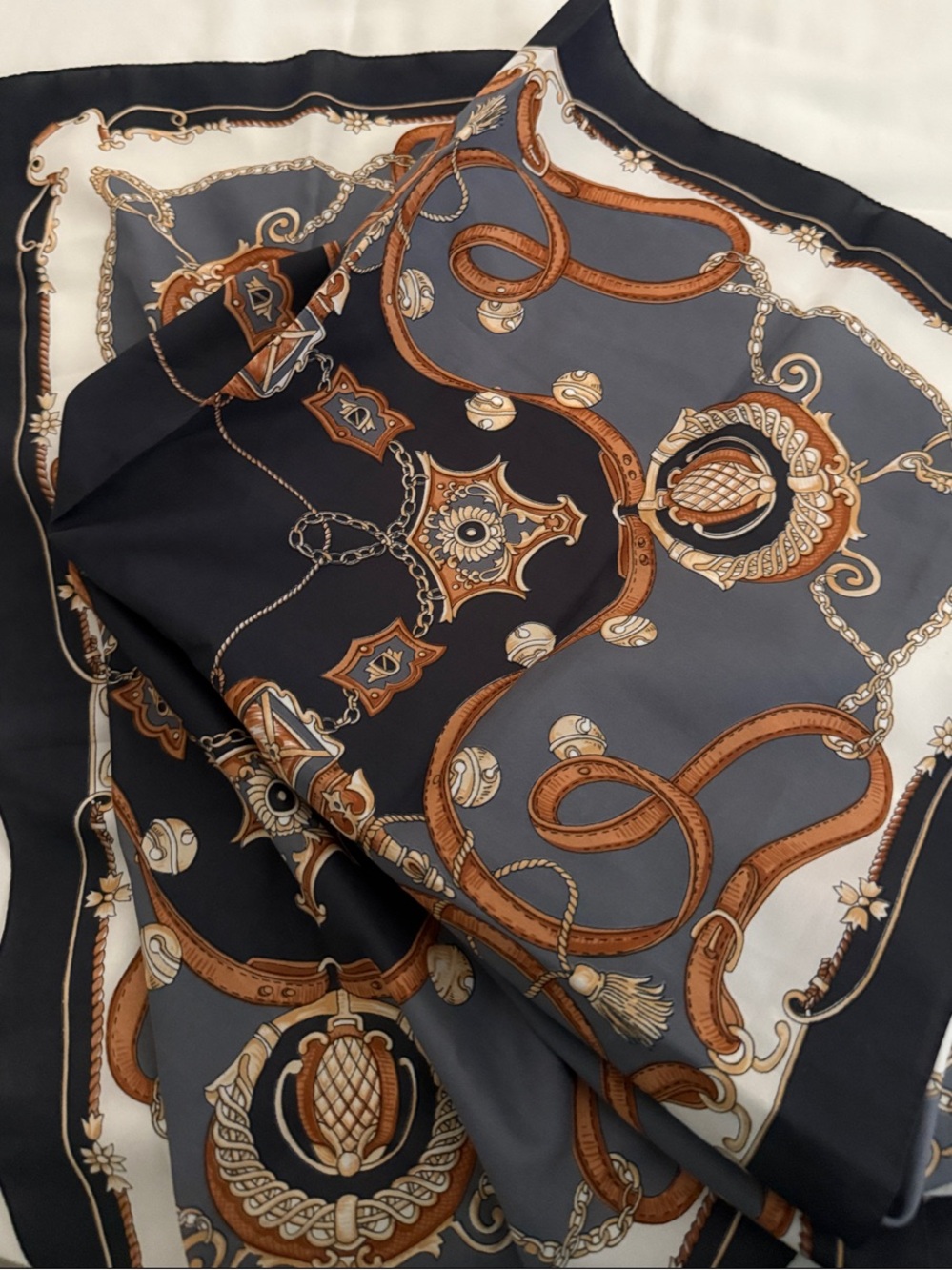 Classic Chain & Rope Print Scarf in Navy, Gray & Tan